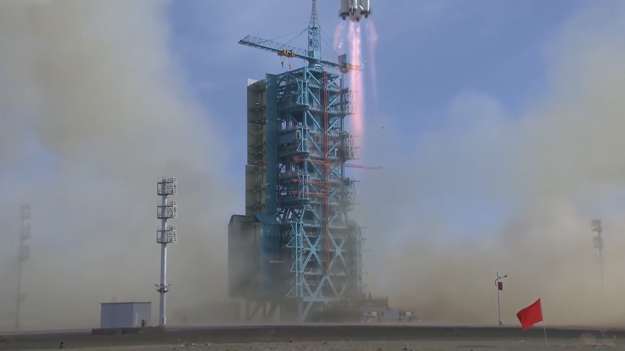 A Long March 2F rocket on the pad at Jiuquan Satellite Launch Center