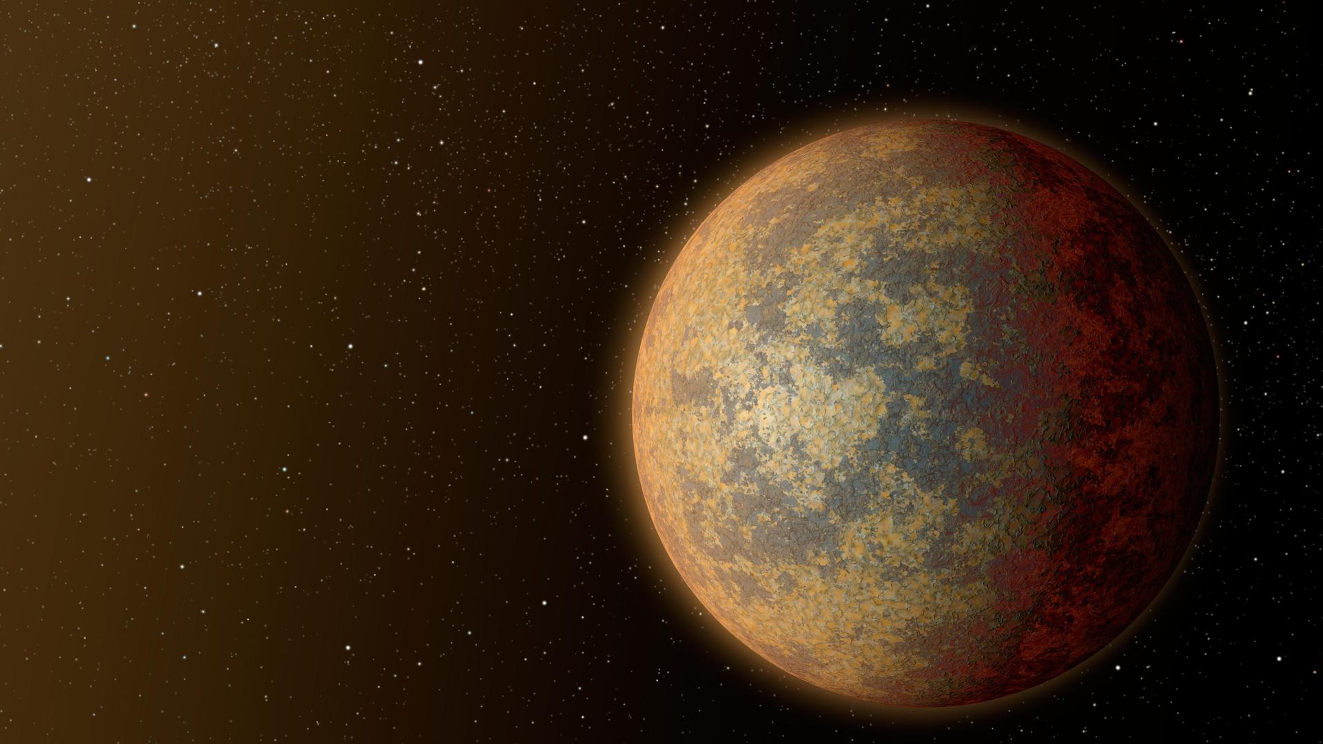 Artist concept of a hot rocky exoplanet, partially molten and orbiting close to its star.