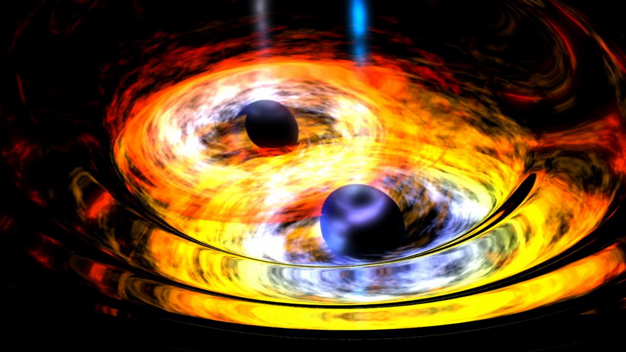 Artist's impression of two black holes orbiting each other before merging.