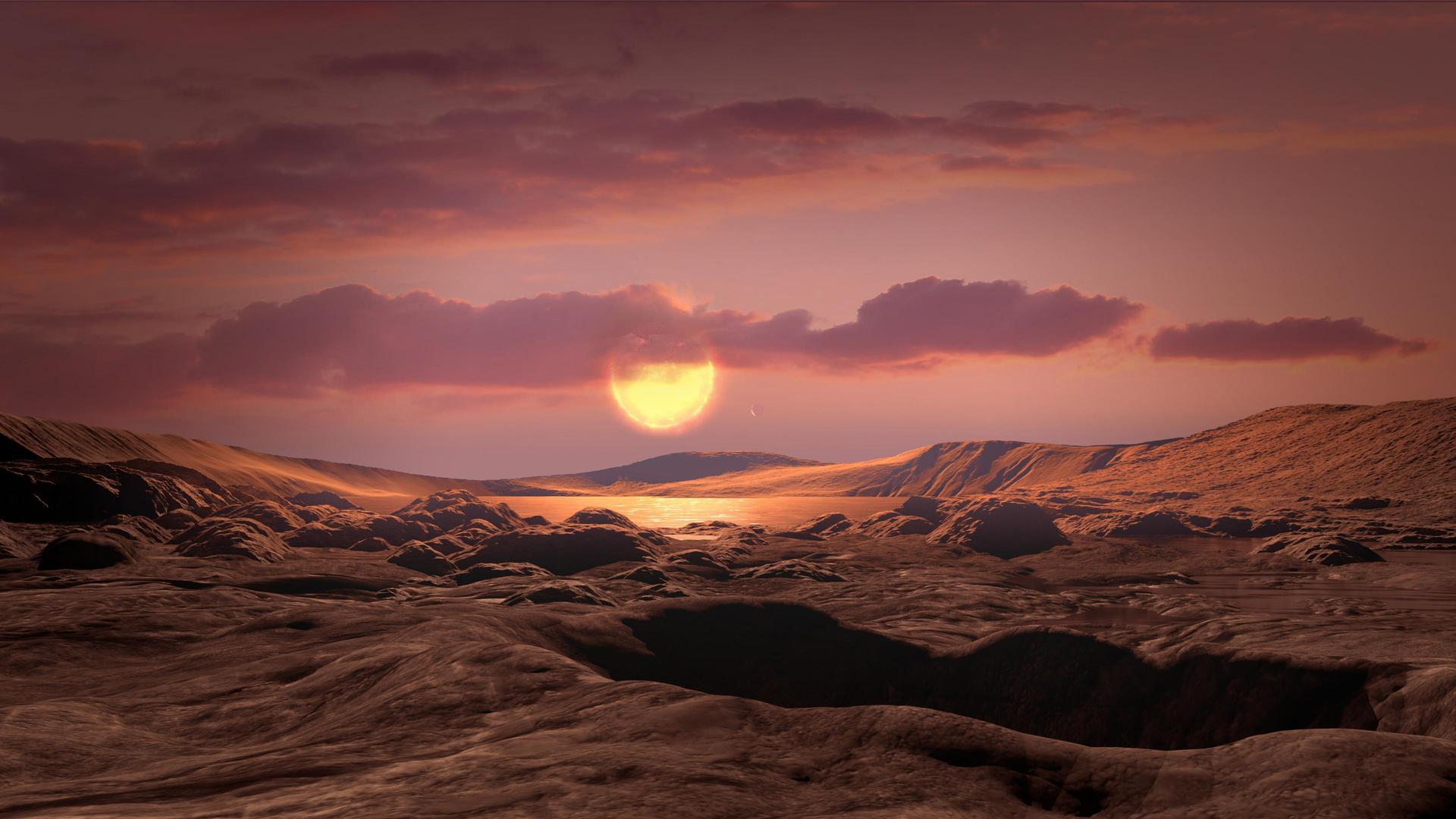 Artist's concept of a rocky exoplanet orbiting a small, dim star.
